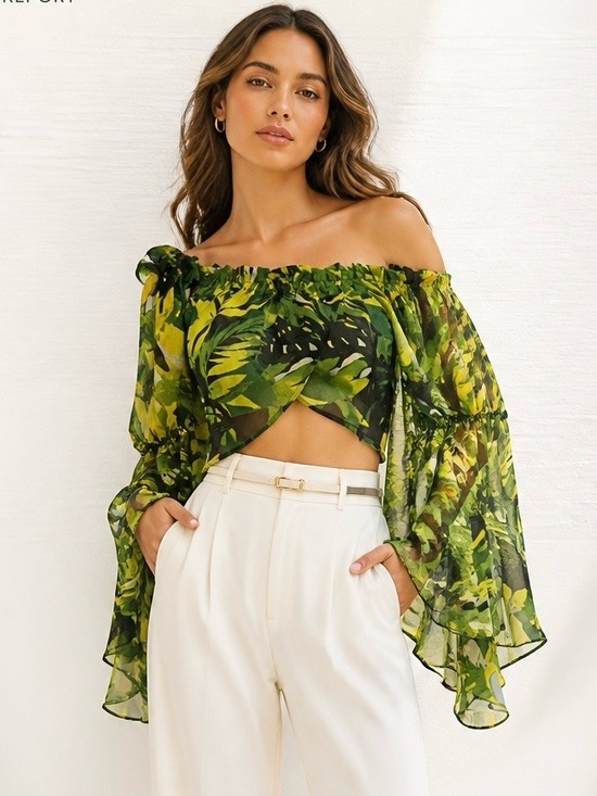 Live 4 Truth Tops - Live 4 Truth Green Tropical Off-Shoulder Bell Sleeve Crop Top